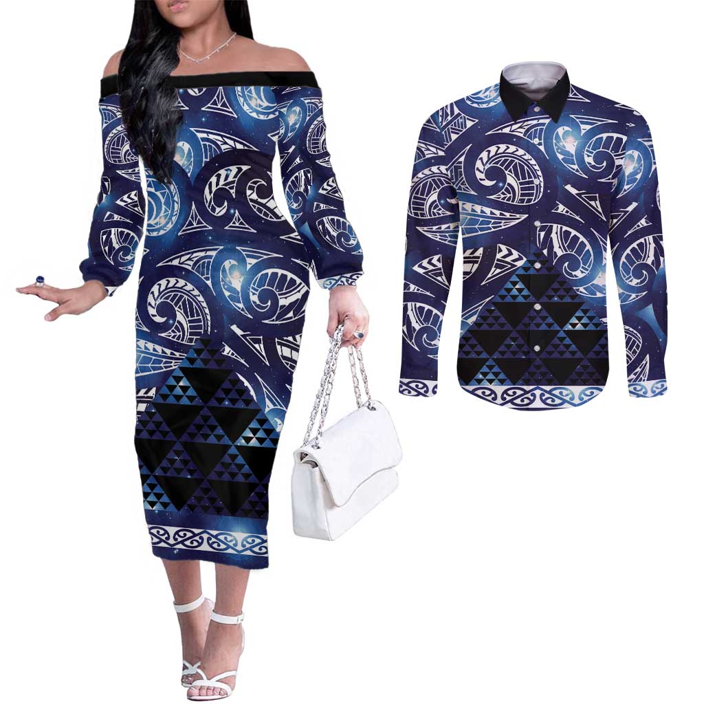 Matariki New Zealand Couples Matching Off The Shoulder Long Sleeve Dress and Long Sleeve Button Shirt NZ Niho Taniwha Maori New Year Blue Galaxy LT14 Blue - Polynesian Pride