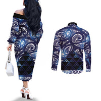 Matariki New Zealand Couples Matching Off The Shoulder Long Sleeve Dress and Long Sleeve Button Shirt NZ Niho Taniwha Maori New Year Blue Galaxy LT14 - Polynesian Pride