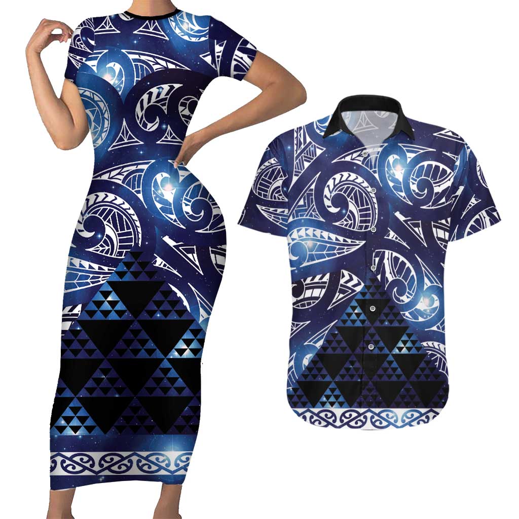Matariki New Zealand Couples Matching Short Sleeve Bodycon Dress and Hawaiian Shirt NZ Niho Taniwha Maori New Year Blue Galaxy