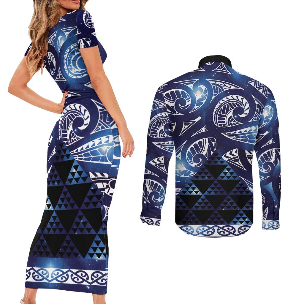 Matariki New Zealand Couples Matching Short Sleeve Bodycon Dress and Long Sleeve Button Shirt NZ Niho Taniwha Maori New Year Blue Galaxy LT14 - Polynesian Pride