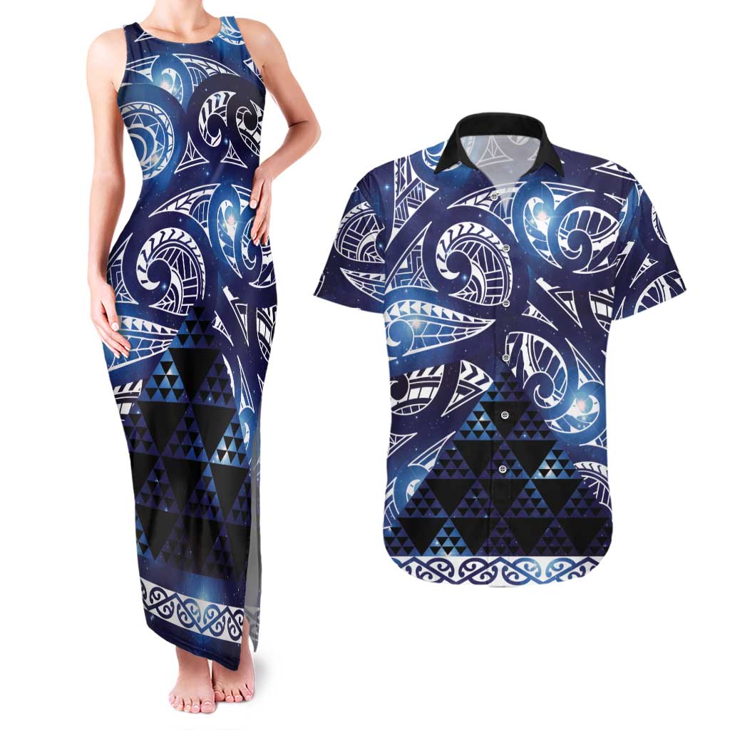 Matariki New Zealand Couples Matching Tank Maxi Dress and Hawaiian Shirt NZ Niho Taniwha Maori New Year Blue Galaxy LT14 Blue - Polynesian Pride