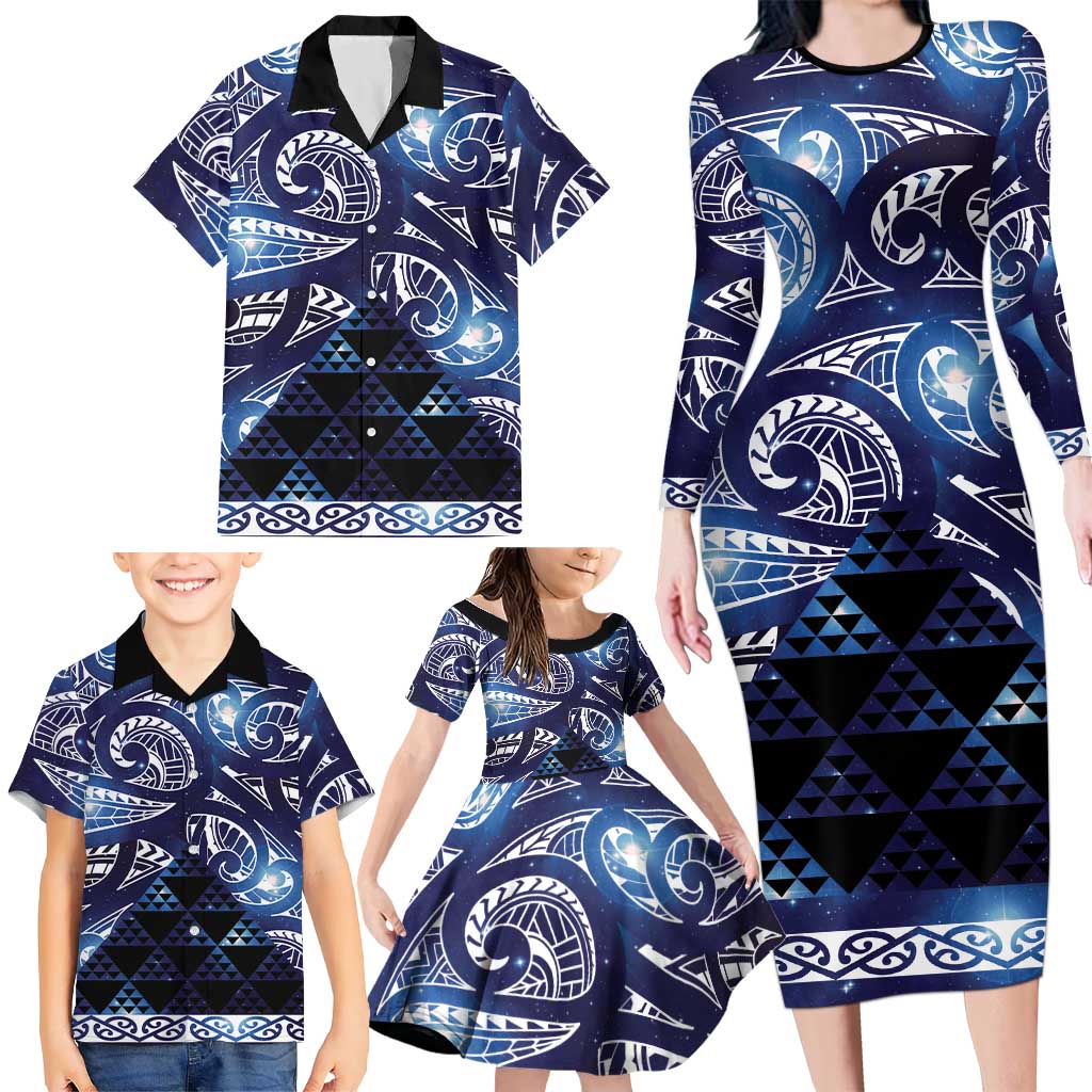 Matariki New Zealand Family Matching Long Sleeve Bodycon Dress and Hawaiian Shirt NZ Niho Taniwha Maori New Year Blue Galaxy