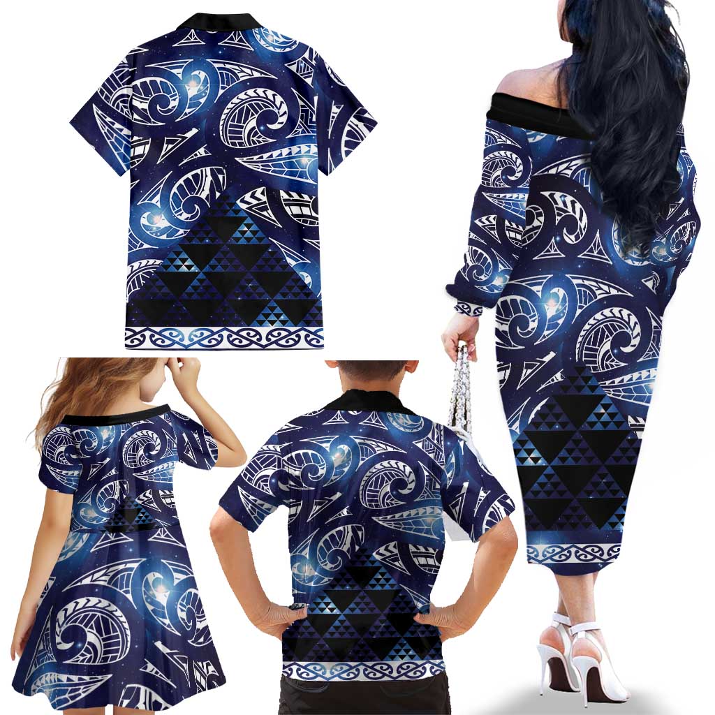 Matariki New Zealand Family Matching Off The Shoulder Long Sleeve Dress and Hawaiian Shirt NZ Niho Taniwha Maori New Year Blue Galaxy LT14 - Polynesian Pride