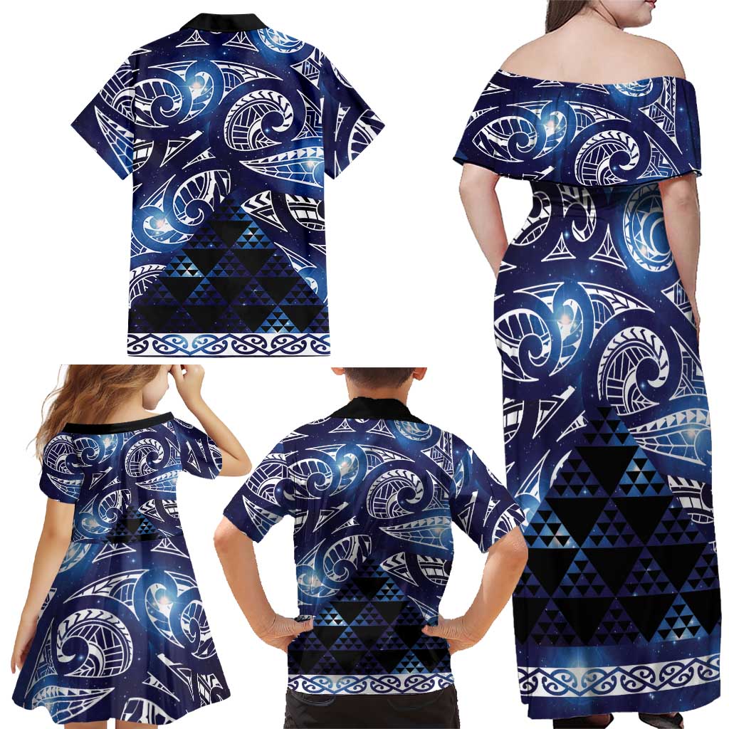 Matariki New Zealand Family Matching Off Shoulder Maxi Dress and Hawaiian Shirt NZ Niho Taniwha Maori New Year Blue Galaxy LT14 - Polynesian Pride