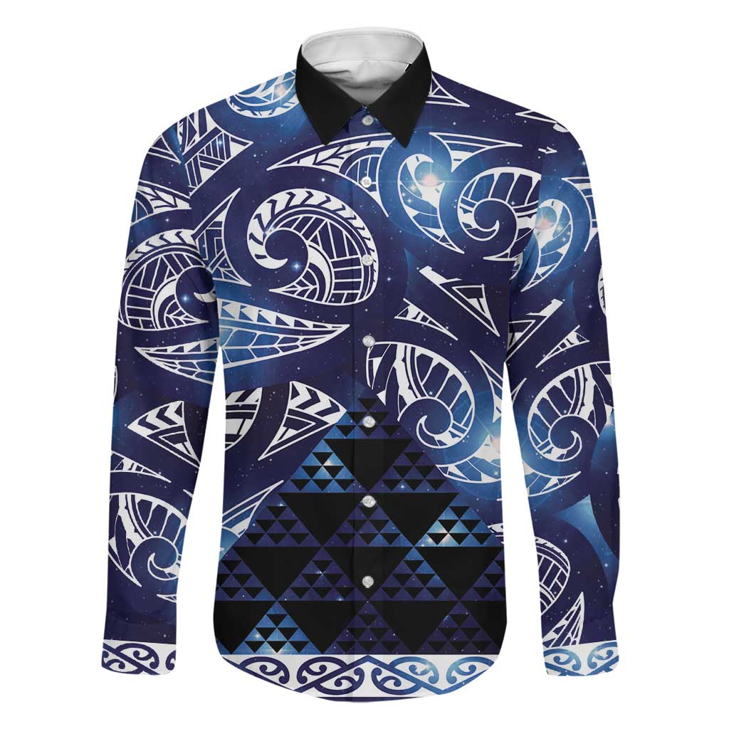Matariki New Zealand Family Matching Off Shoulder Maxi Dress and Hawaiian Shirt NZ Niho Taniwha Maori New Year Blue Galaxy LT14 Dad's Shirt - Long Sleeve Blue - Polynesian Pride