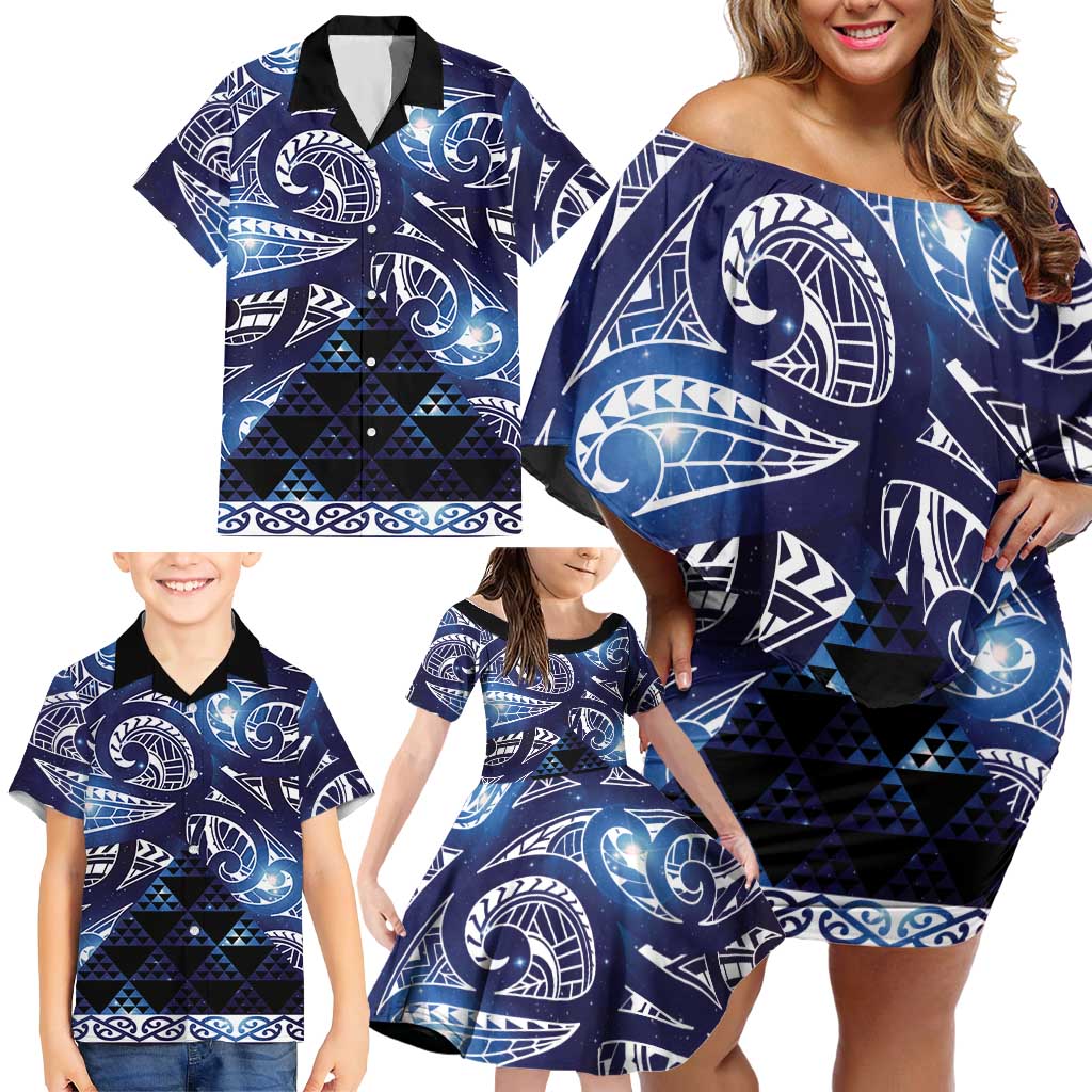 Matariki New Zealand Family Matching Off Shoulder Short Dress and Hawaiian Shirt NZ Niho Taniwha Maori New Year Blue Galaxy LT14 - Polynesian Pride
