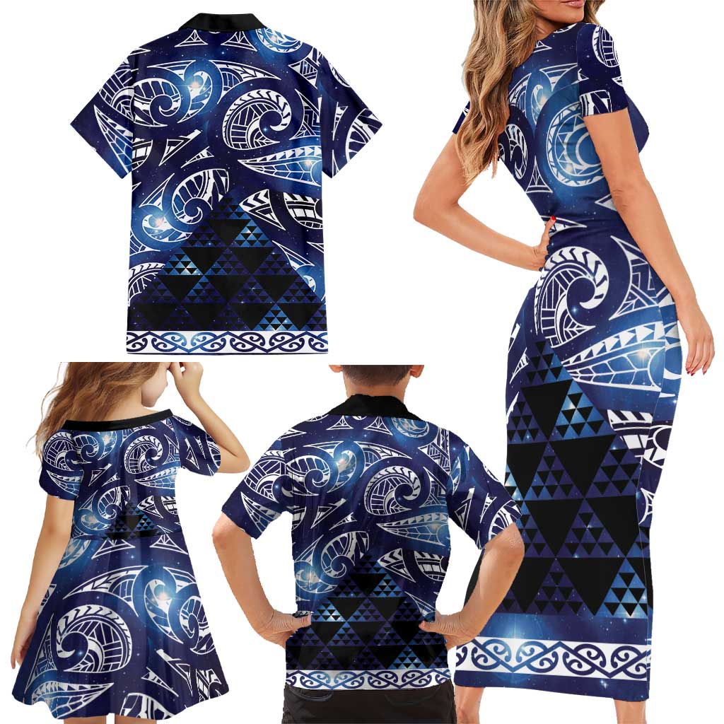 Matariki New Zealand Family Matching Short Sleeve Bodycon Dress and Hawaiian Shirt NZ Niho Taniwha Maori New Year Blue Galaxy LT14 - Polynesian Pride