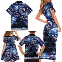 Matariki New Zealand Family Matching Short Sleeve Bodycon Dress and Hawaiian Shirt NZ Niho Taniwha Maori New Year Blue Galaxy LT14 - Polynesian Pride