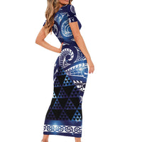 Matariki New Zealand Family Matching Short Sleeve Bodycon Dress and Hawaiian Shirt NZ Niho Taniwha Maori New Year Blue Galaxy LT14 - Polynesian Pride