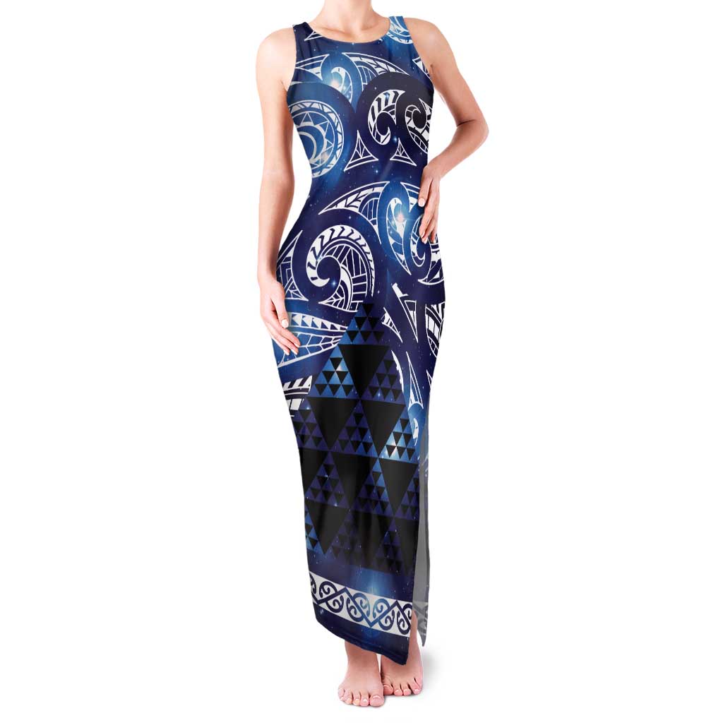Matariki New Zealand Family Matching Tank Maxi Dress and Hawaiian Shirt NZ Niho Taniwha Maori New Year Blue Galaxy LT14 Mom's Dress Blue - Polynesian Pride