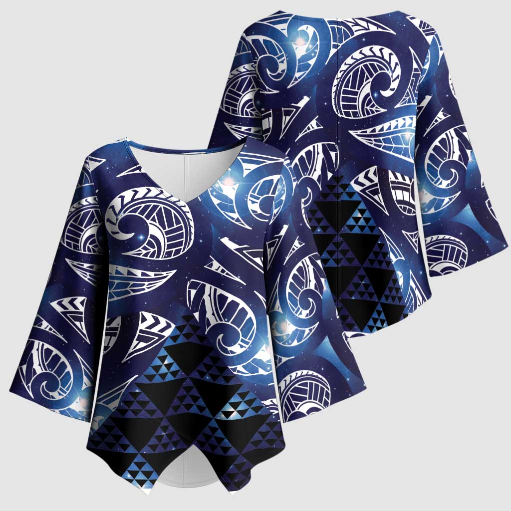 Matariki New Zealand Kimono Sleeve Blouse NZ Niho Taniwha Maori New Year Blue Galaxy