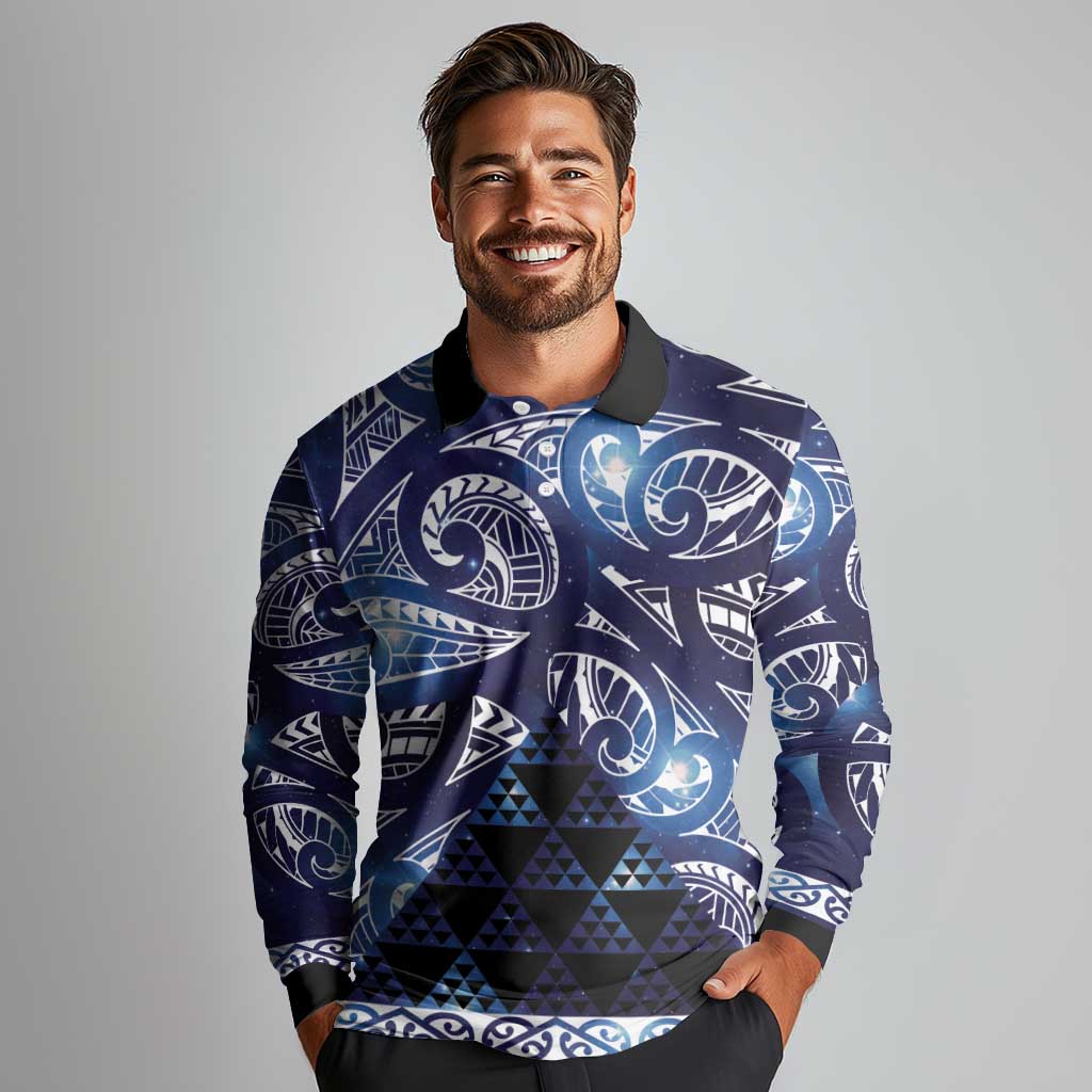 Matariki New Zealand Long Sleeve Polo Shirt NZ Niho Taniwha Maori New Year Blue Galaxy