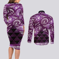 Matariki New Zealand Couples Matching Long Sleeve Bodycon Dress and Long Sleeve Button Shirt NZ Niho Taniwha Maori New Year Purple Galaxy LT14 - Polynesian Pride