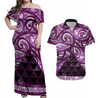 Matariki New Zealand Couples Matching Off Shoulder Maxi Dress and Hawaiian Shirt NZ Niho Taniwha Maori New Year Purple Galaxy LT14 Purple - Polynesian Pride
