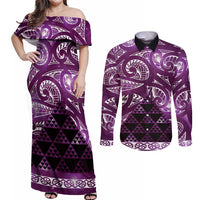 Matariki New Zealand Couples Matching Off Shoulder Maxi Dress and Long Sleeve Button Shirt NZ Niho Taniwha Maori New Year Purple Galaxy LT14 Purple - Polynesian Pride