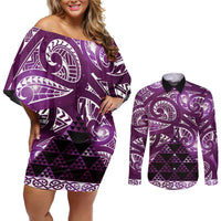 Matariki New Zealand Couples Matching Off Shoulder Short Dress and Long Sleeve Button Shirt NZ Niho Taniwha Maori New Year Purple Galaxy LT14 Purple - Polynesian Pride