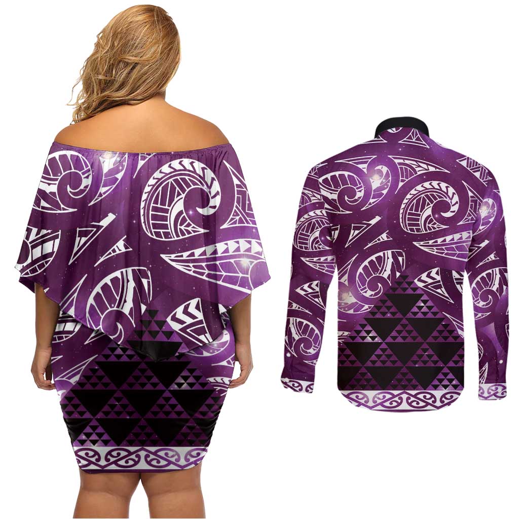 Matariki New Zealand Couples Matching Off Shoulder Short Dress and Long Sleeve Button Shirt NZ Niho Taniwha Maori New Year Purple Galaxy LT14 - Polynesian Pride
