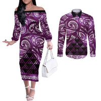 Matariki New Zealand Couples Matching Off The Shoulder Long Sleeve Dress and Long Sleeve Button Shirt NZ Niho Taniwha Maori New Year Purple Galaxy LT14 Purple - Polynesian Pride