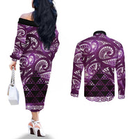 Matariki New Zealand Couples Matching Off The Shoulder Long Sleeve Dress and Long Sleeve Button Shirt NZ Niho Taniwha Maori New Year Purple Galaxy LT14 - Polynesian Pride