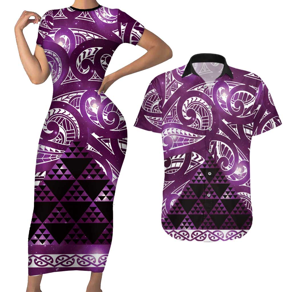 Matariki New Zealand Couples Matching Short Sleeve Bodycon Dress and Hawaiian Shirt NZ Niho Taniwha Maori New Year Purple Galaxy LT14 Purple - Polynesian Pride