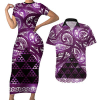 Matariki New Zealand Couples Matching Short Sleeve Bodycon Dress and Hawaiian Shirt NZ Niho Taniwha Maori New Year Purple Galaxy LT14 Purple - Polynesian Pride