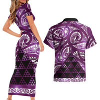 Matariki New Zealand Couples Matching Short Sleeve Bodycon Dress and Hawaiian Shirt NZ Niho Taniwha Maori New Year Purple Galaxy LT14 - Polynesian Pride
