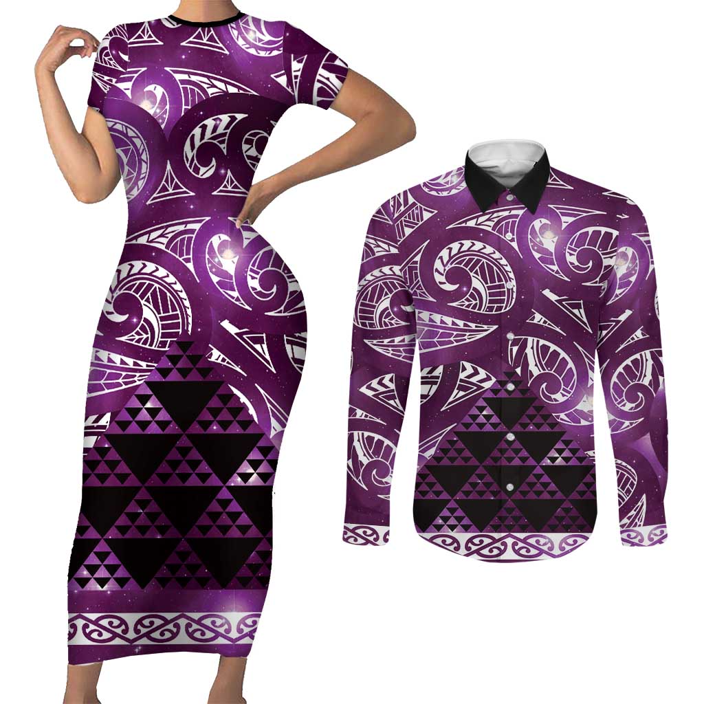 Matariki New Zealand Couples Matching Short Sleeve Bodycon Dress and Long Sleeve Button Shirt NZ Niho Taniwha Maori New Year Purple Galaxy LT14 Purple - Polynesian Pride