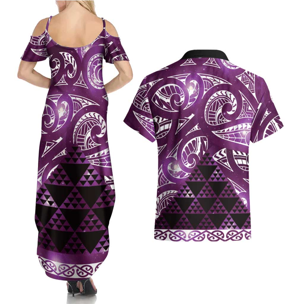 Matariki New Zealand Couples Matching Summer Maxi Dress and Hawaiian Shirt NZ Niho Taniwha Maori New Year Purple Galaxy LT14 - Polynesian Pride