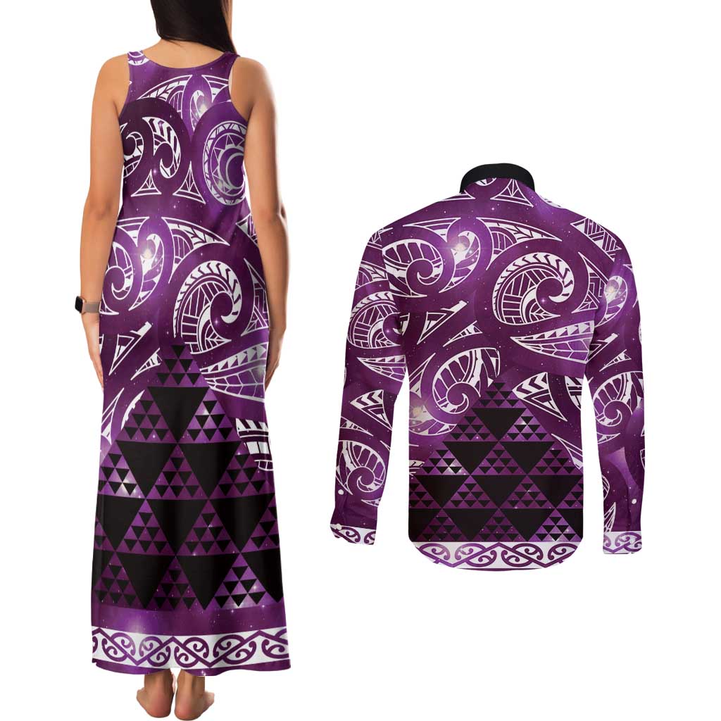 Matariki New Zealand Couples Matching Tank Maxi Dress and Long Sleeve Button Shirt NZ Niho Taniwha Maori New Year Purple Galaxy LT14 - Polynesian Pride