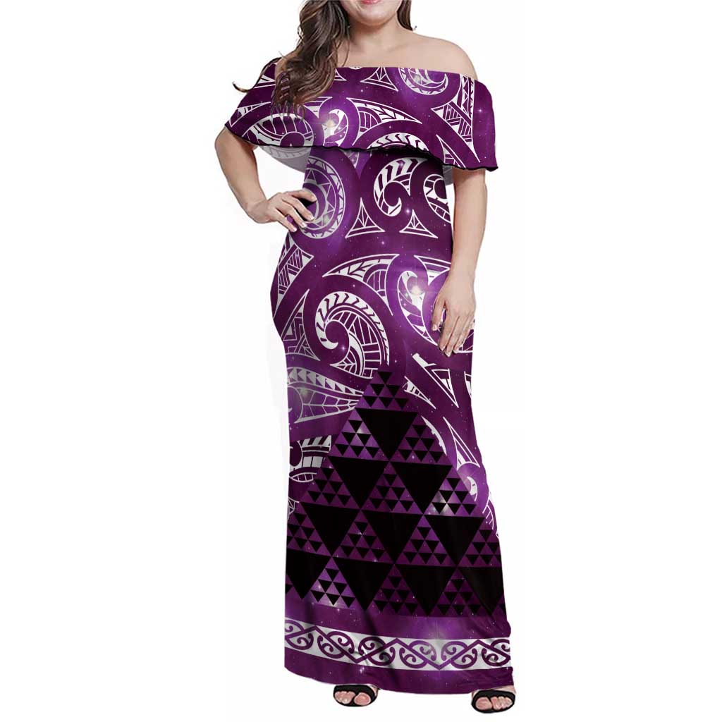 Matariki New Zealand Family Matching Off Shoulder Maxi Dress and Hawaiian Shirt NZ Niho Taniwha Maori New Year Purple Galaxy LT14 Mom's Dress Purple - Polynesian Pride