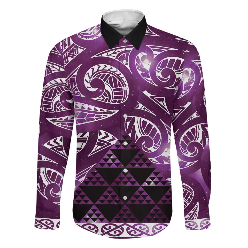 Matariki New Zealand Family Matching Off Shoulder Short Dress and Hawaiian Shirt NZ Niho Taniwha Maori New Year Purple Galaxy LT14 Dad's Shirt - Long Sleeve Purple - Polynesian Pride