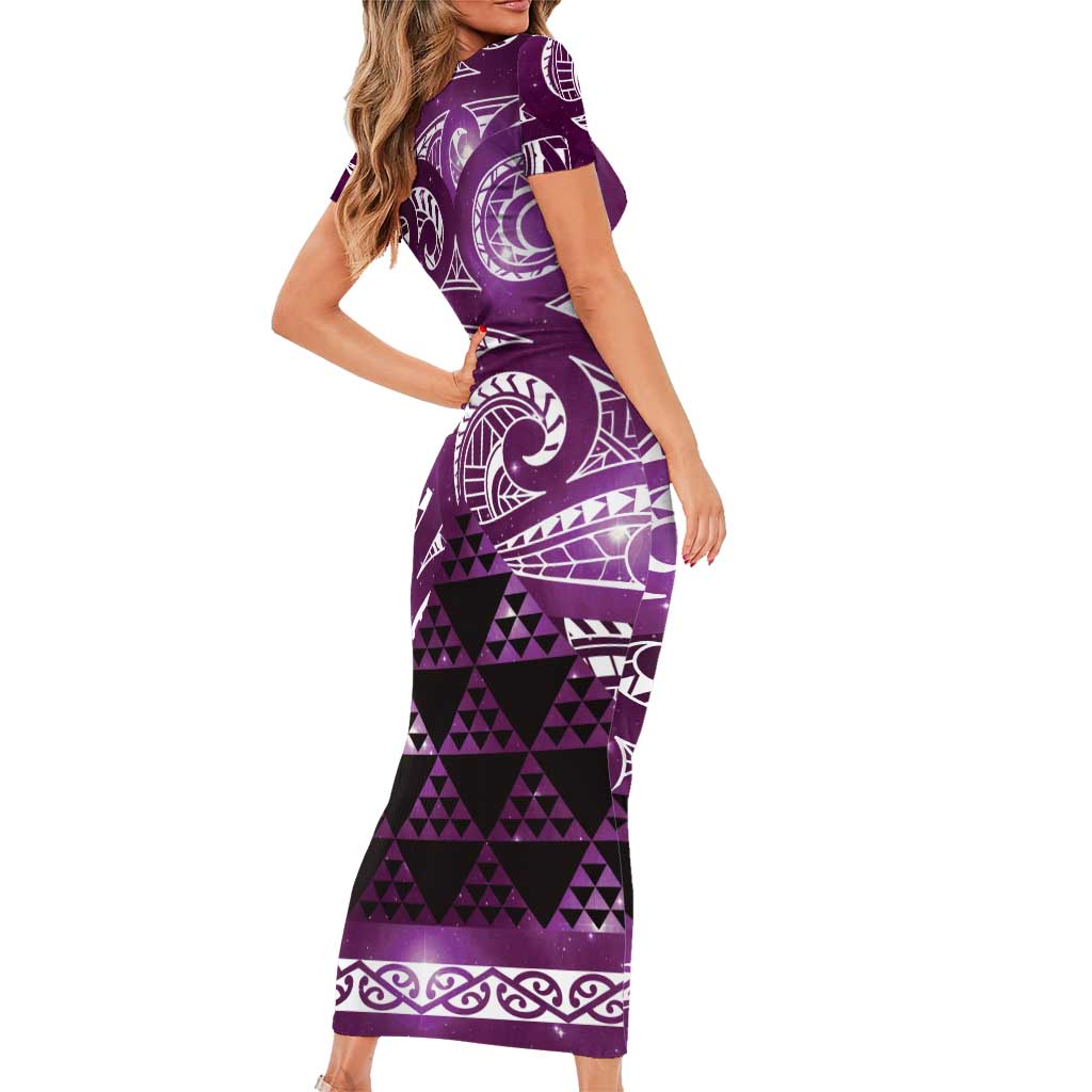 Matariki New Zealand Family Matching Short Sleeve Bodycon Dress and Hawaiian Shirt NZ Niho Taniwha Maori New Year Purple Galaxy LT14 - Polynesian Pride