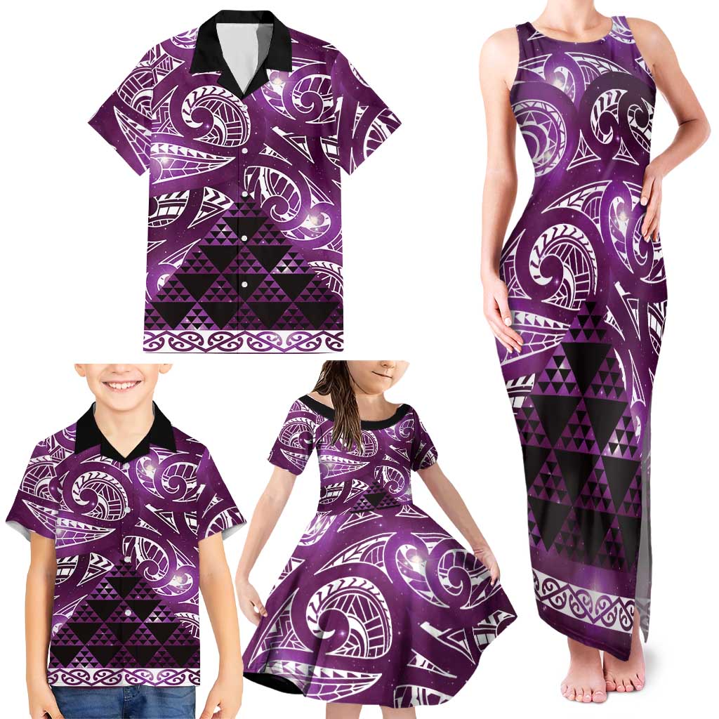 Matariki New Zealand Family Matching Tank Maxi Dress and Hawaiian Shirt NZ Niho Taniwha Maori New Year Purple Galaxy LT14 - Polynesian Pride