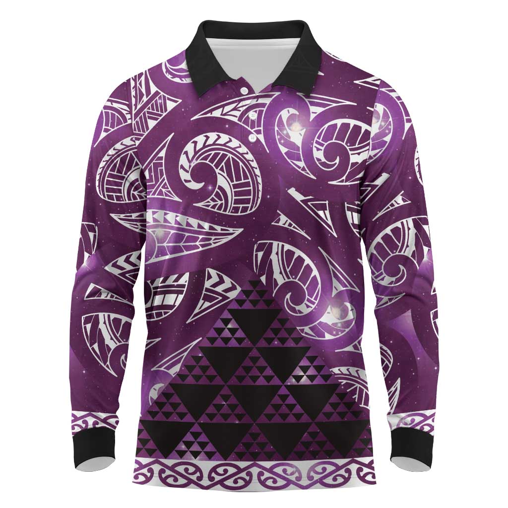 Matariki New Zealand Long Sleeve Polo Shirt NZ Niho Taniwha Maori New Year Purple Galaxy LT14 Purple - Polynesian Pride