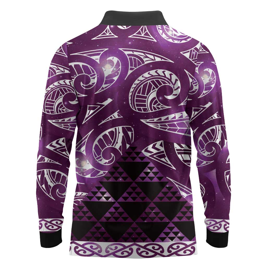 Matariki New Zealand Long Sleeve Polo Shirt NZ Niho Taniwha Maori New Year Purple Galaxy LT14 - Polynesian Pride