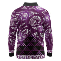 Matariki New Zealand Long Sleeve Polo Shirt NZ Niho Taniwha Maori New Year Purple Galaxy LT14 - Polynesian Pride