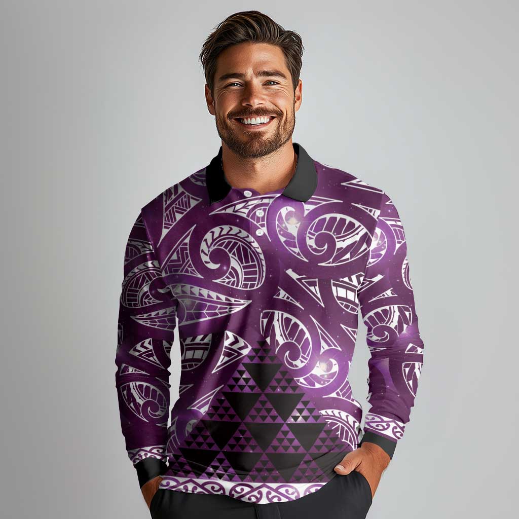 Matariki New Zealand Long Sleeve Polo Shirt NZ Niho Taniwha Maori New Year Purple Galaxy LT14 - Polynesian Pride