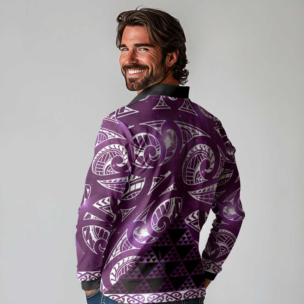 Matariki New Zealand Long Sleeve Polo Shirt NZ Niho Taniwha Maori New Year Purple Galaxy LT14 - Polynesian Pride