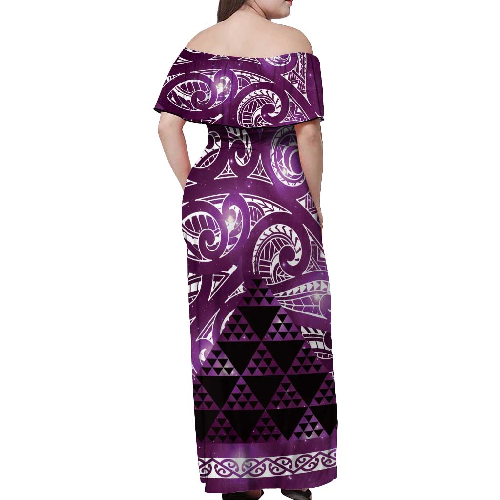 Matariki New Zealand Off Shoulder Maxi Dress NZ Niho Taniwha Maori New Year Purple Galaxy
