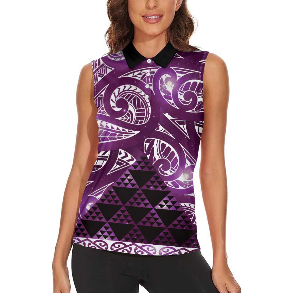 Matariki New Zealand Women Sleeveless Polo Shirt NZ Niho Taniwha Maori New Year Purple Galaxy LT14 - Polynesian Pride