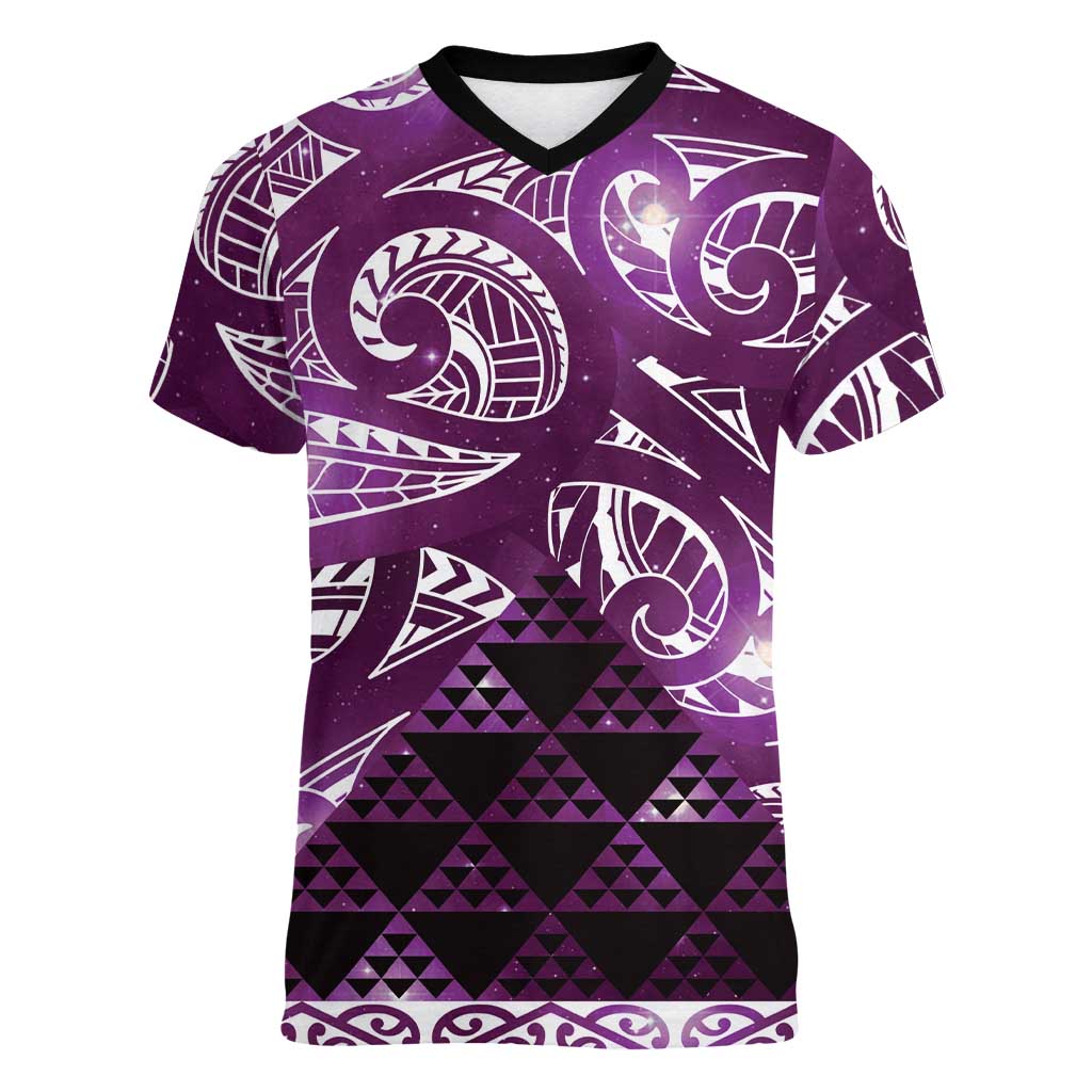 Matariki New Zealand Women V-Neck T-Shirt NZ Niho Taniwha Maori New Year Purple Galaxy LT14 Female Purple - Polynesian Pride