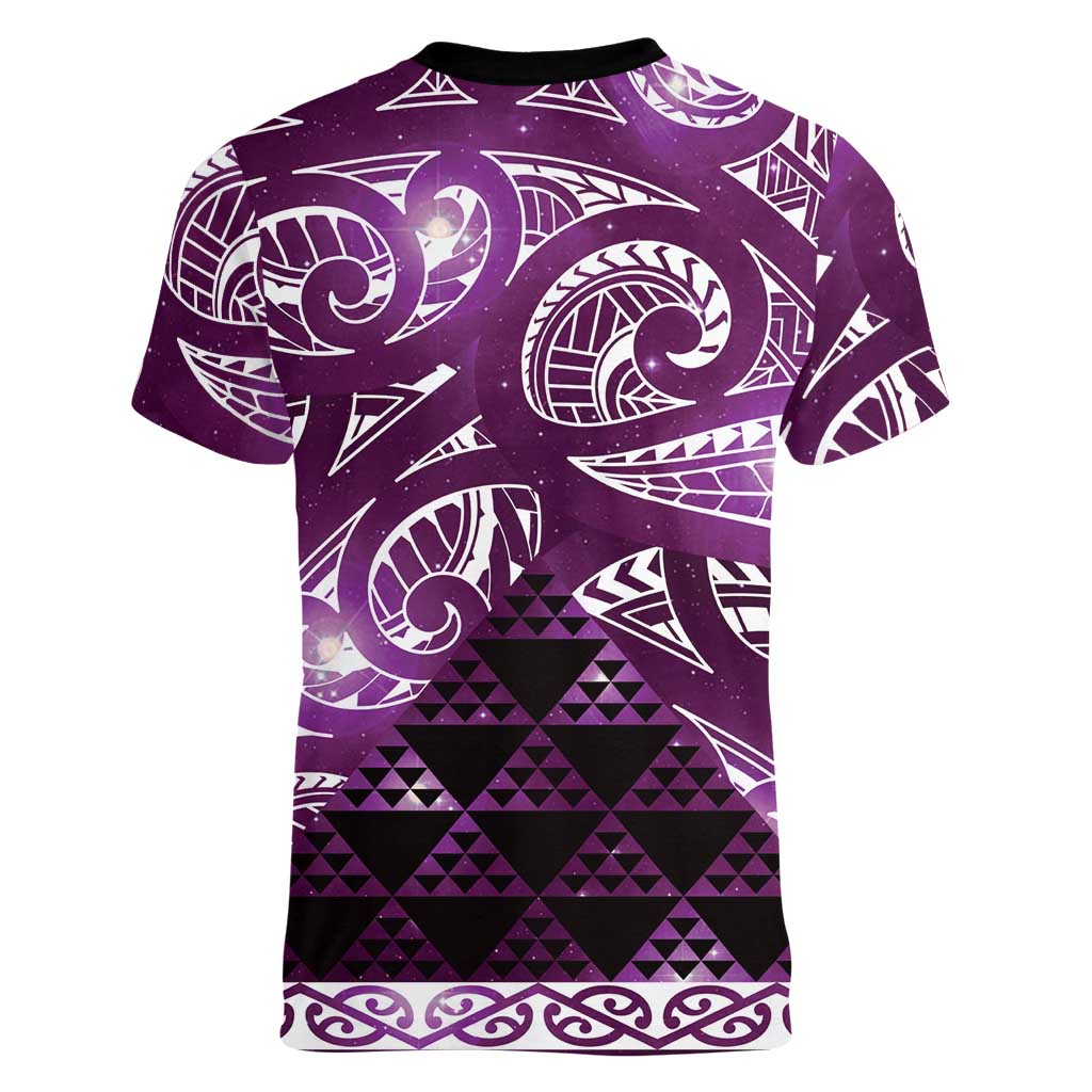 Matariki New Zealand Women V-Neck T-Shirt NZ Niho Taniwha Maori New Year Purple Galaxy LT14 - Polynesian Pride