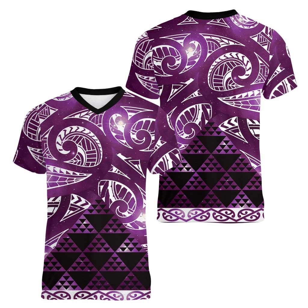 Matariki New Zealand Women V-Neck T-Shirt NZ Niho Taniwha Maori New Year Purple Galaxy LT14 - Polynesian Pride