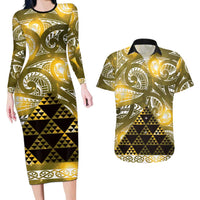 Matariki New Zealand Couples Matching Long Sleeve Bodycon Dress and Hawaiian Shirt NZ Niho Taniwha Maori New Year Yellow Galaxy LT14 Yellow - Polynesian Pride