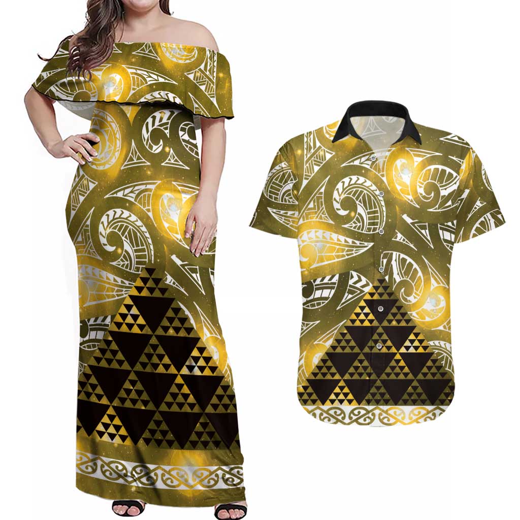 Matariki New Zealand Couples Matching Off Shoulder Maxi Dress and Hawaiian Shirt NZ Niho Taniwha Maori New Year Yellow Galaxy LT14 Yellow - Polynesian Pride