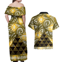 Matariki New Zealand Couples Matching Off Shoulder Maxi Dress and Hawaiian Shirt NZ Niho Taniwha Maori New Year Yellow Galaxy LT14 - Polynesian Pride
