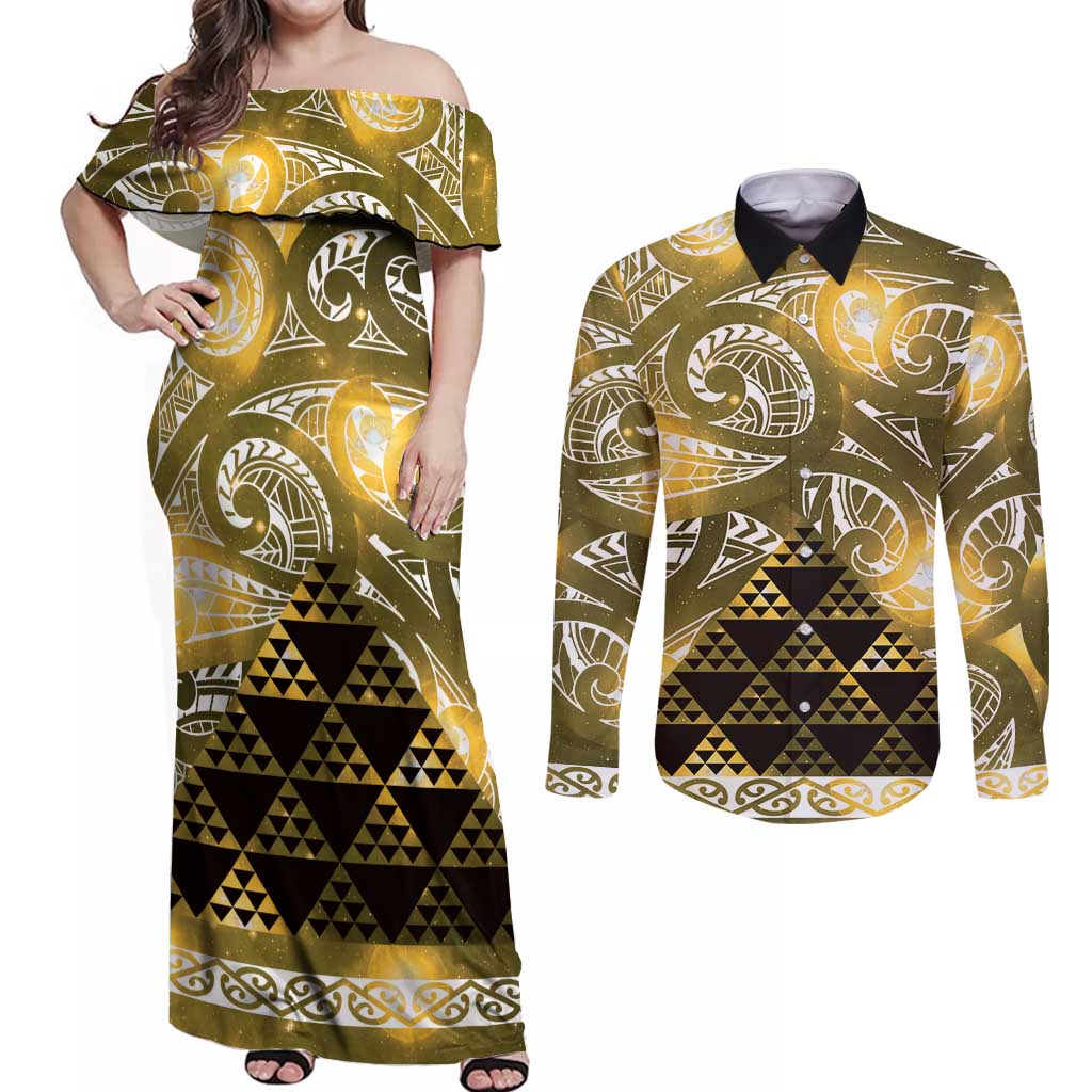 Matariki New Zealand Couples Matching Off Shoulder Maxi Dress and Long Sleeve Button Shirt NZ Niho Taniwha Maori New Year Yellow Galaxy LT14 Yellow - Polynesian Pride