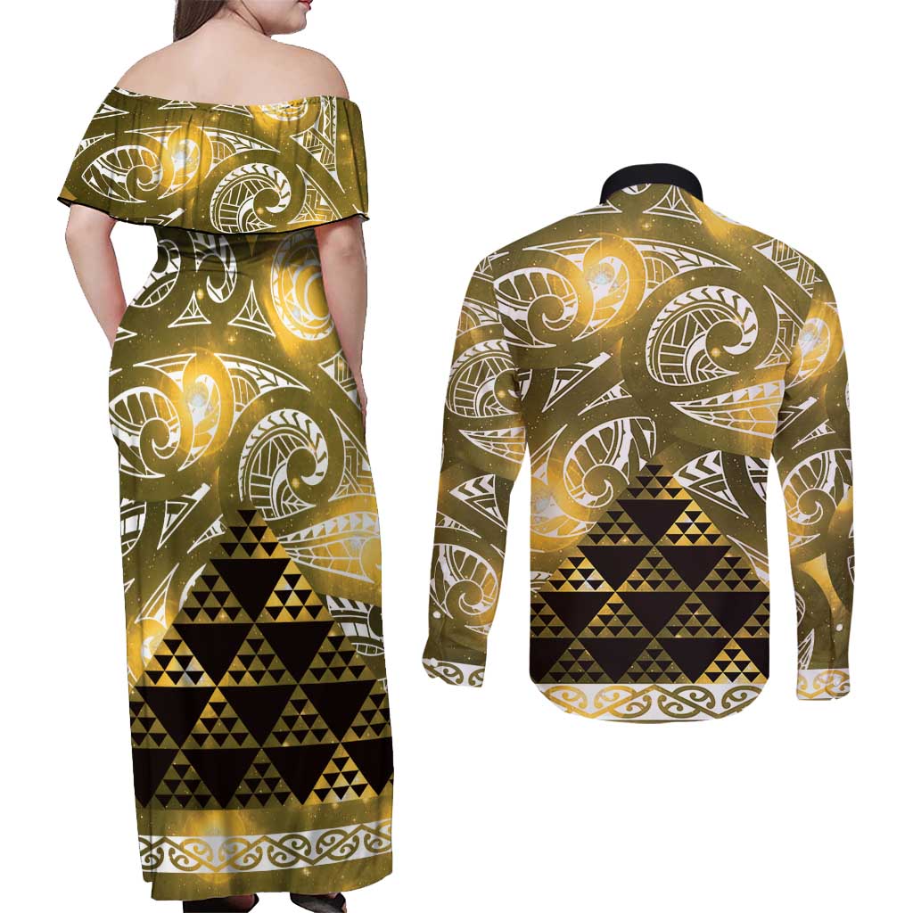 Matariki New Zealand Couples Matching Off Shoulder Maxi Dress and Long Sleeve Button Shirt NZ Niho Taniwha Maori New Year Yellow Galaxy LT14 - Polynesian Pride