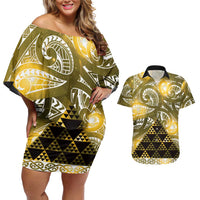 Matariki New Zealand Couples Matching Off Shoulder Short Dress and Hawaiian Shirt NZ Niho Taniwha Maori New Year Yellow Galaxy LT14 Yellow - Polynesian Pride