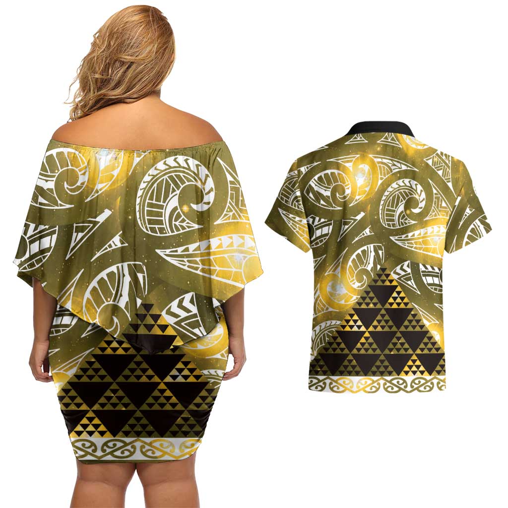 Matariki New Zealand Couples Matching Off Shoulder Short Dress and Hawaiian Shirt NZ Niho Taniwha Maori New Year Yellow Galaxy LT14 - Polynesian Pride